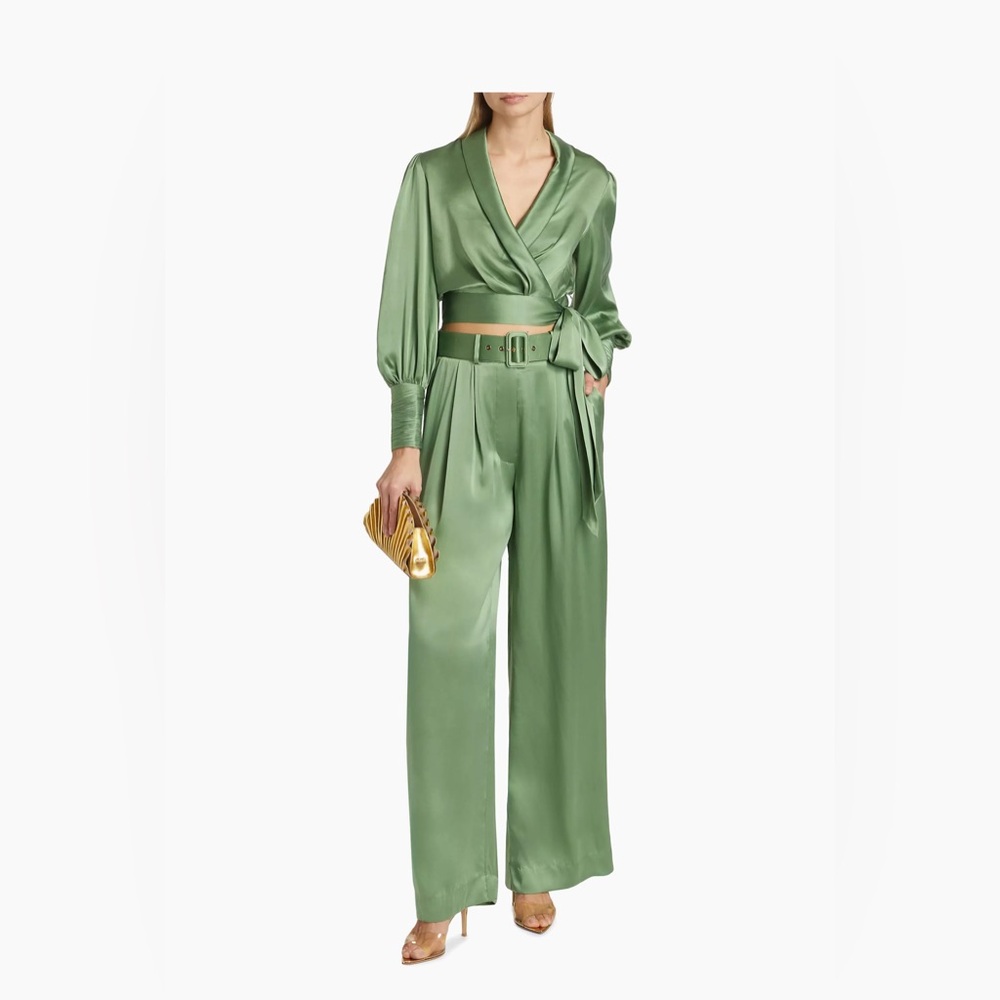 Zimmermann Silk-Satin Wide Leg Trousers in Sage Green